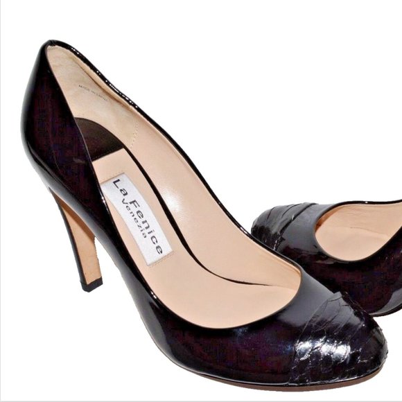 LA FENICE VENEZIA NEW SZ 8 M BLACK PATENT LEATHER PUMPS 4" STILETTO HEELS SHOES - Picture 3 of 9